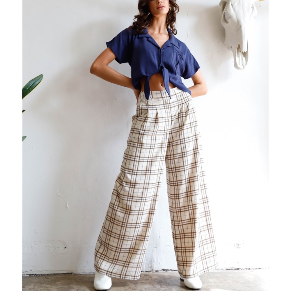 NEW Ivory Multi  Color Plaid Wide Leg Pants